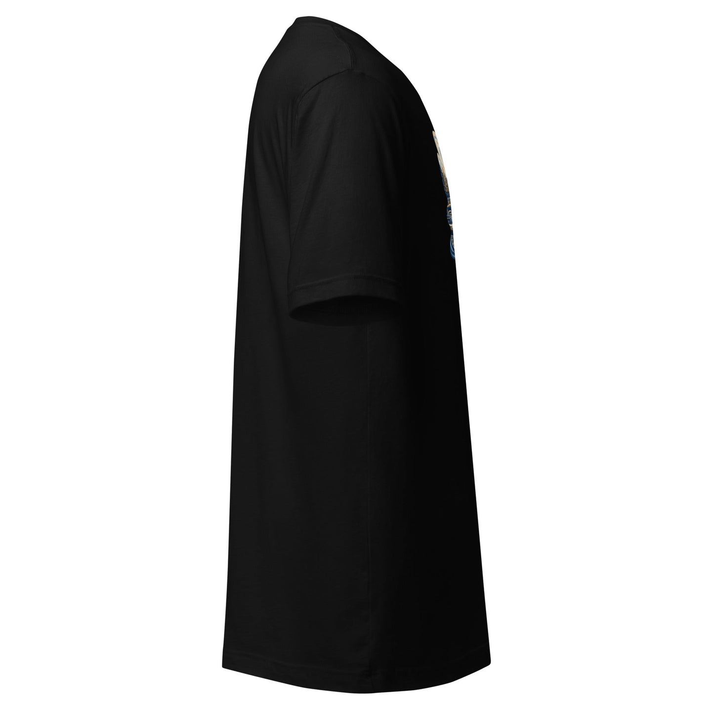 Black graphic tee, short sleeves, partial front graphic at side