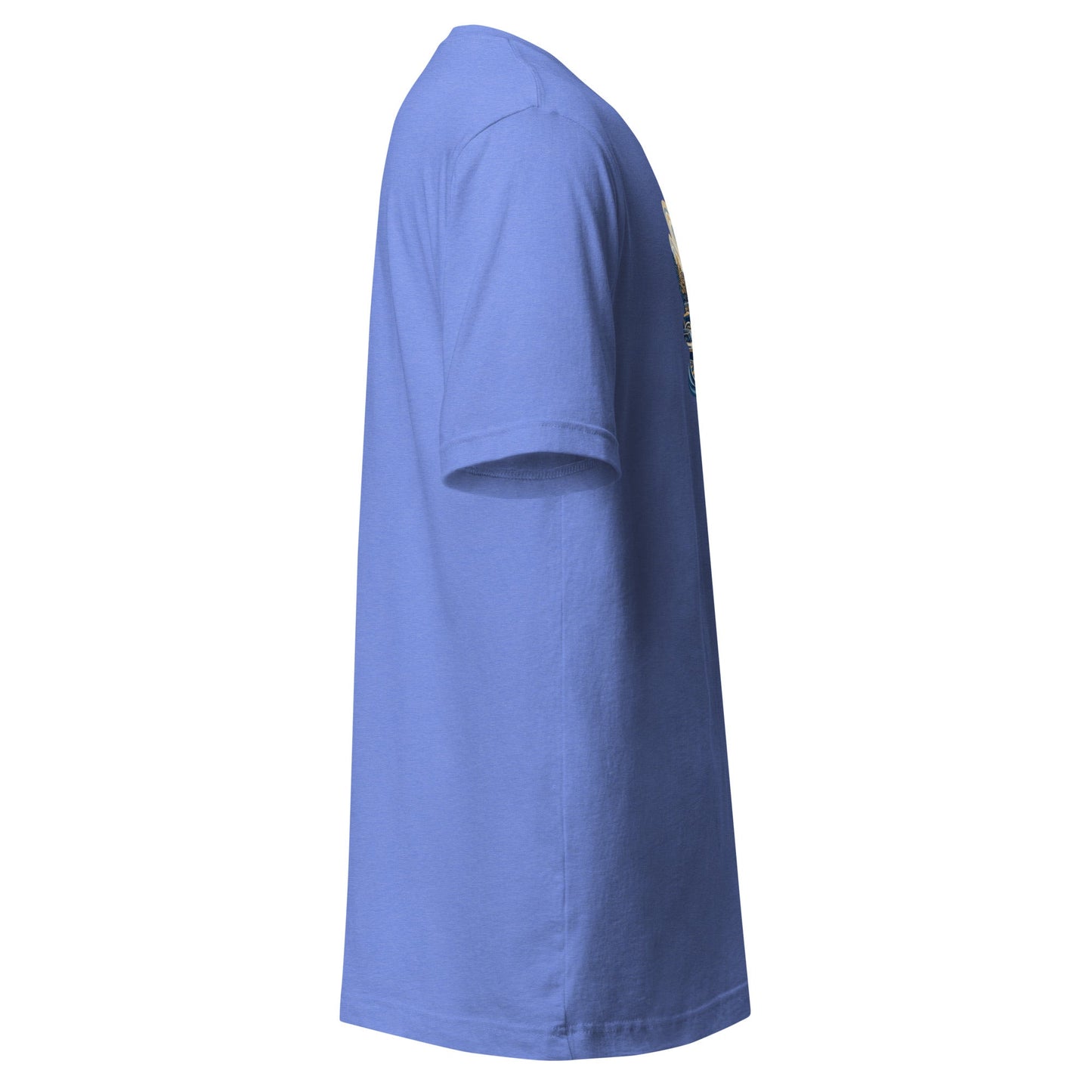 Periwinkle graphic tee, short sleeves, partial front graphic at side