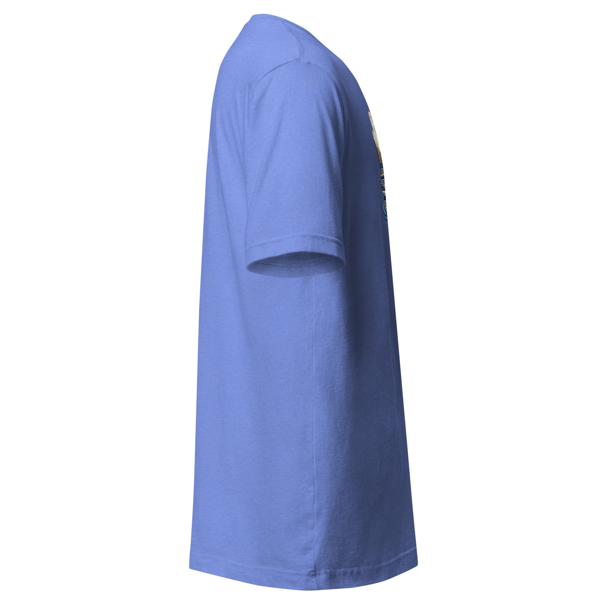 Periwinkle graphic tee, short sleeves, partial front graphic at side