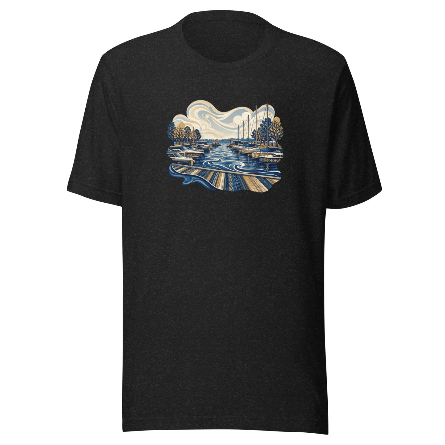 Black graphic tee with round neckline and waterfront scene print on the chest