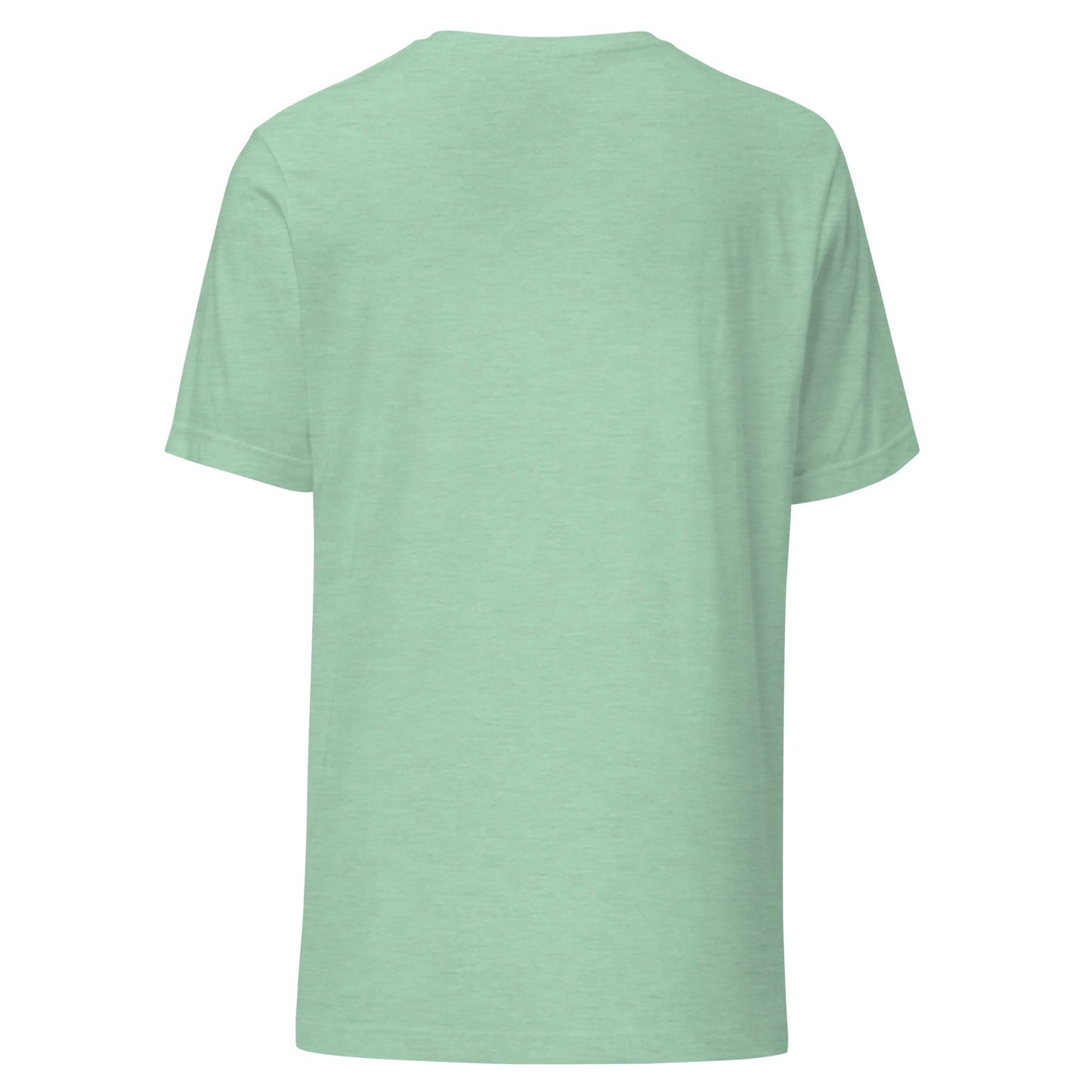 Mint green short-sleeve crewneck graphic tee, back view