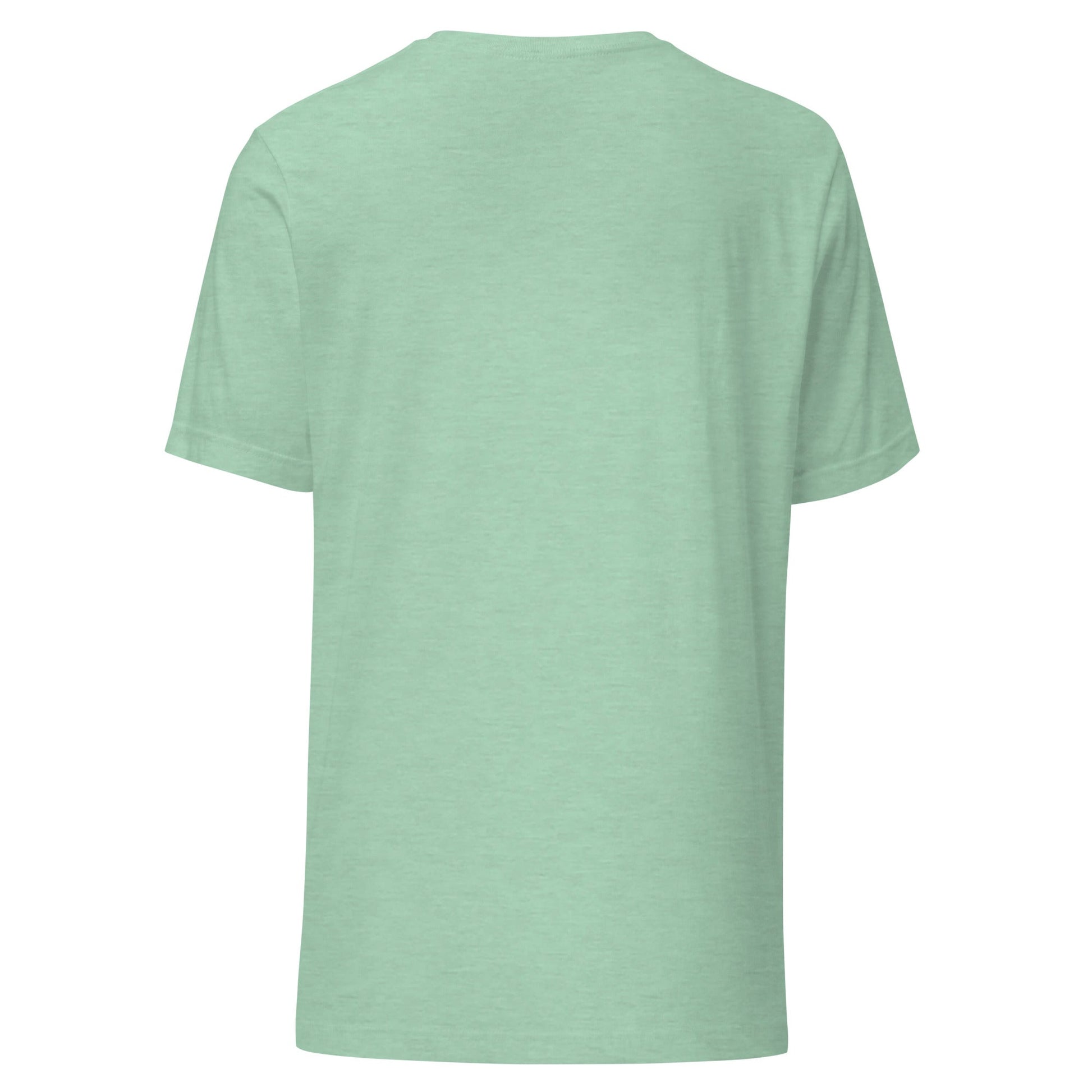 Mint green short-sleeve crewneck graphic tee, back view